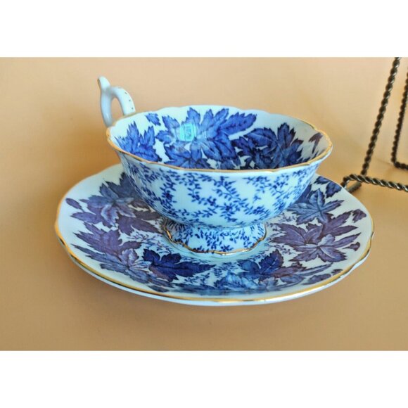 Coalport Hand Painted Tea Cup & Saucer Set Cobalt Blue Maple Leaf 1930's - Picture 5 of 15